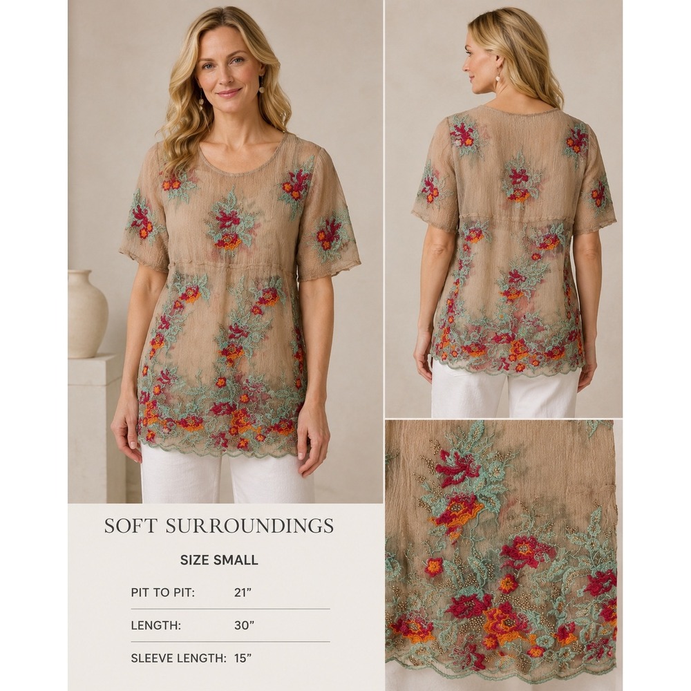 Soft Surroundings Silk Embroidered Floral Tunic Top‎ Tan Pink Metallic Sm 2CQ85